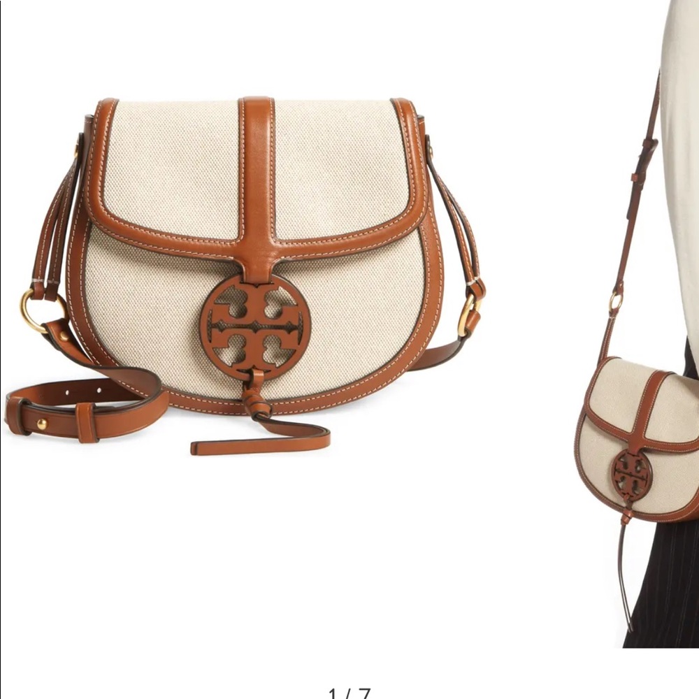 Tory Burch Cream and Brown Crossbody Saddle Bag